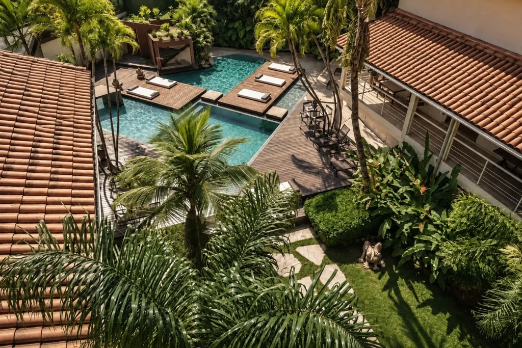 Piscina e jardim vistos do alto, entre os telhados