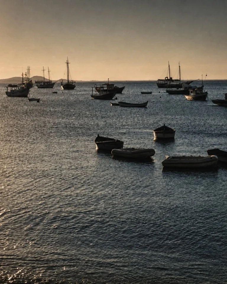 Barcos en la ensenada de Armação al final de la tarde