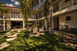 Jardín con césped, camino de piedras y los balcones de las habitaciones