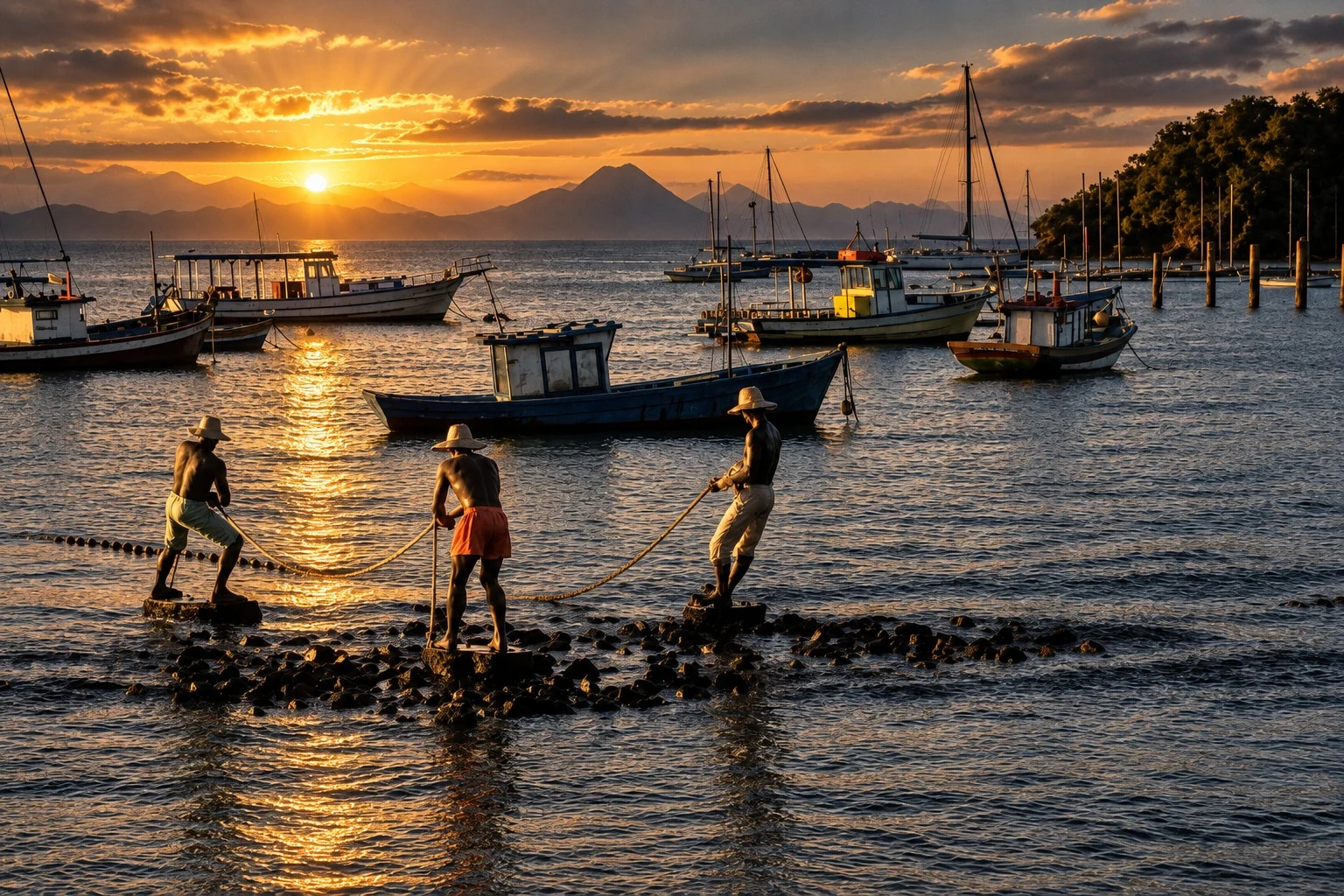 A estátua dos Três Pescadores na enseada, ao pôr do sol