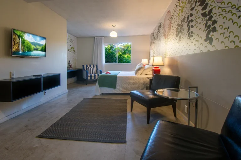 Suíte Luxo com cama de casal, poltrona e janela para o verde