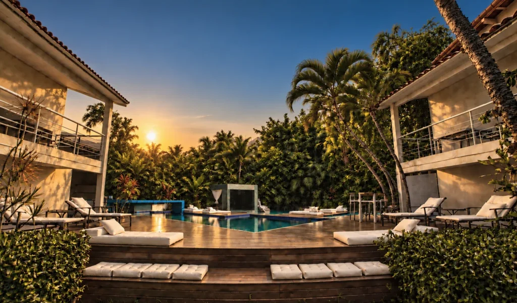 Piscina e deck entre os dois blocos da pousada, com coqueiros, no fim da tarde