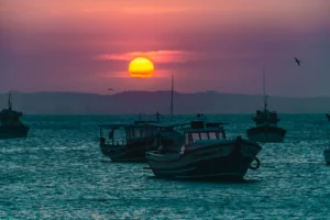 Barcos de pesca ao pôr do sol em Búzios